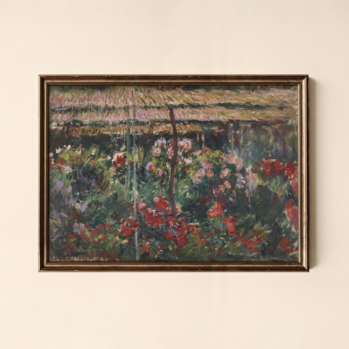 Impressionist Rose Garden Bloom In Summer Vintage Oil Painting Print