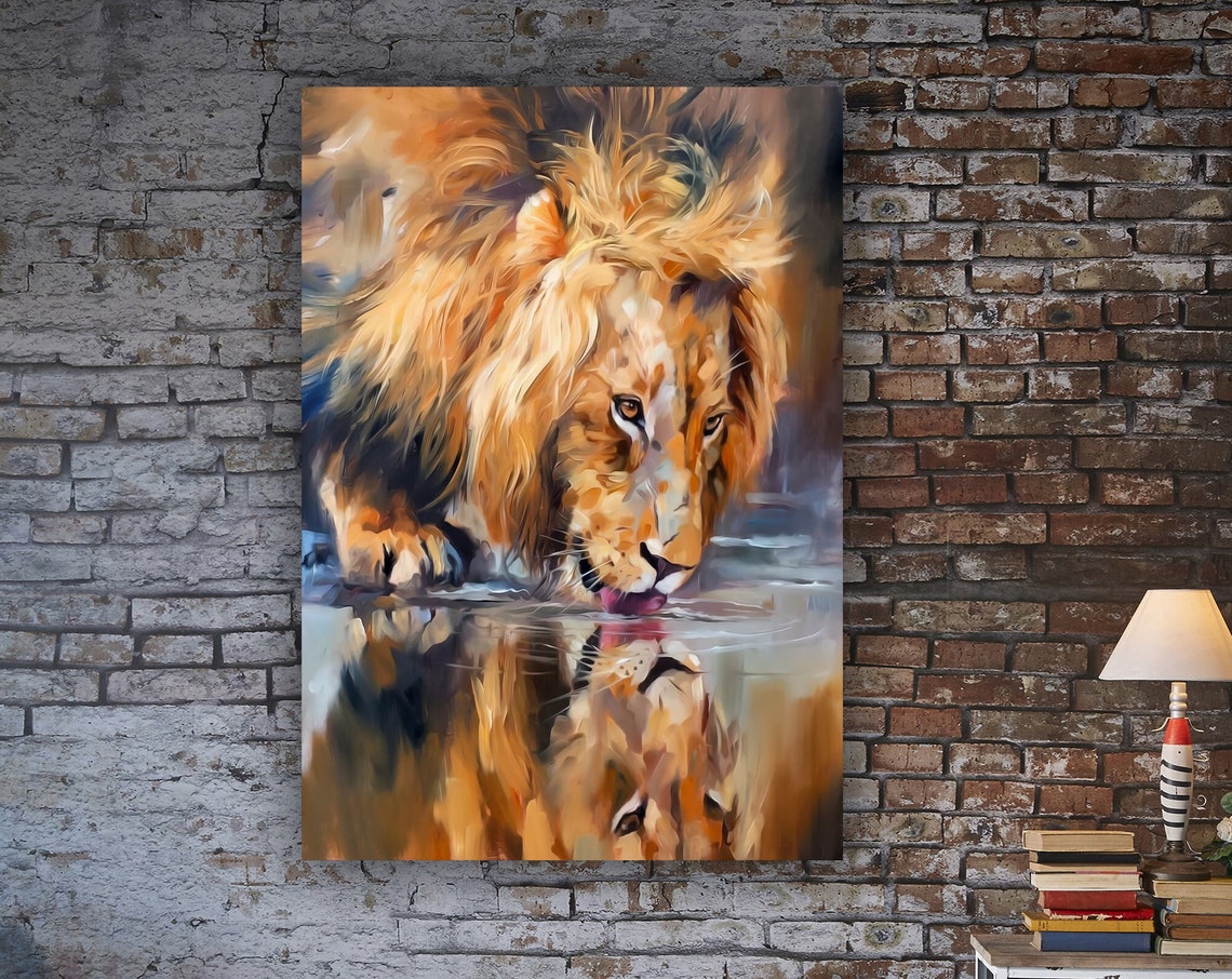 Lion Drinking Water Reflection Oil Painting Wildlife Art Poster