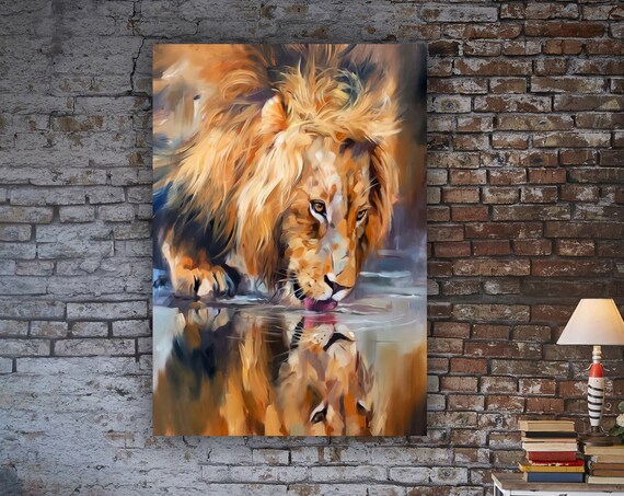 Lion Drinking Water Reflection Oil Painting Wildlife Art Poster