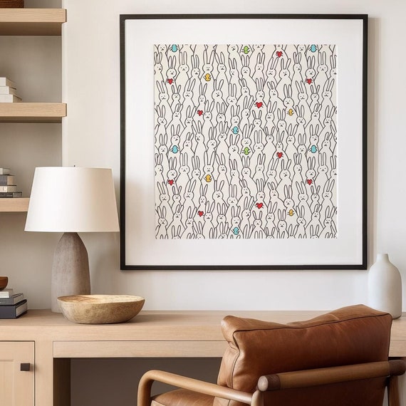 Sweet Playful Bunny Doodle Pattern Minimalist Nursery Wall Poster