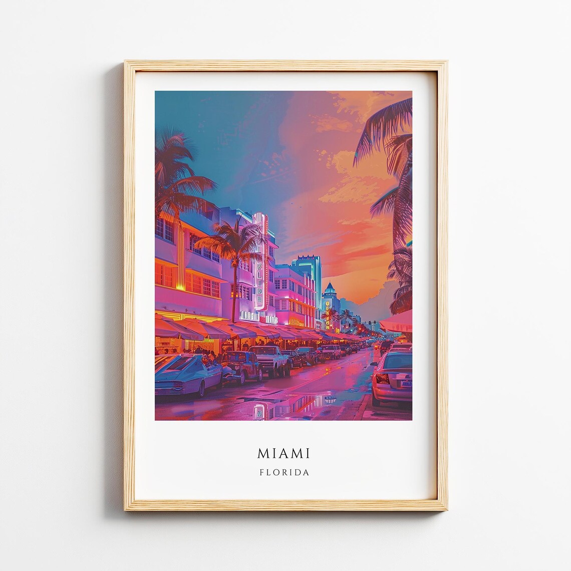 Miami Florida Neon Travel Poster Ocean Drive Art Deco Sunset Street