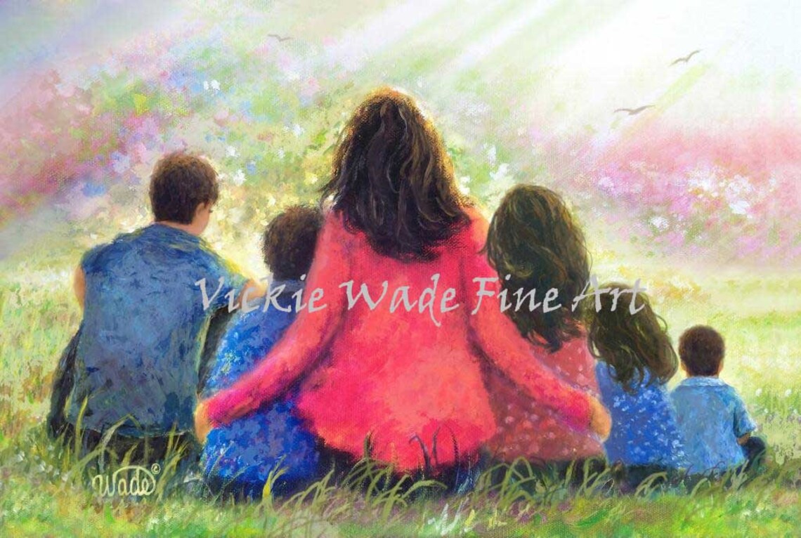 Mother with Five Children Sitting in a Blooming Flower Garden Poster