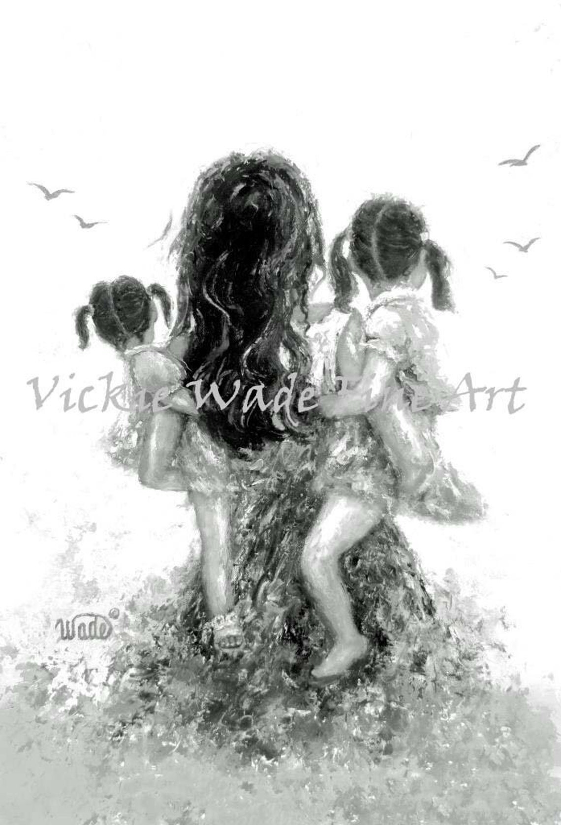 Mother Two Daughters Art Print Mother Paintings Mom Two Girls Carrying Mothers Day Gift Girls Room Mother Daughter Hug Vickie Wade