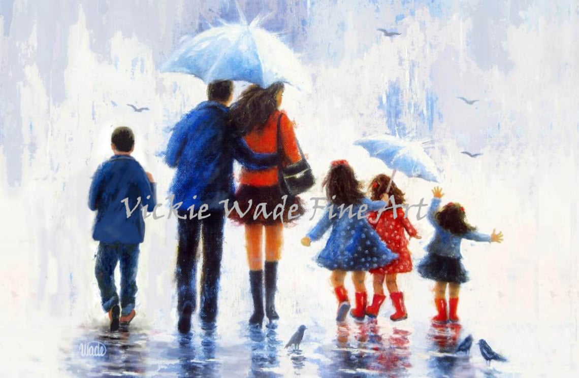 Family of Six Walking Together Through the Rain Under Umbrellas Poster