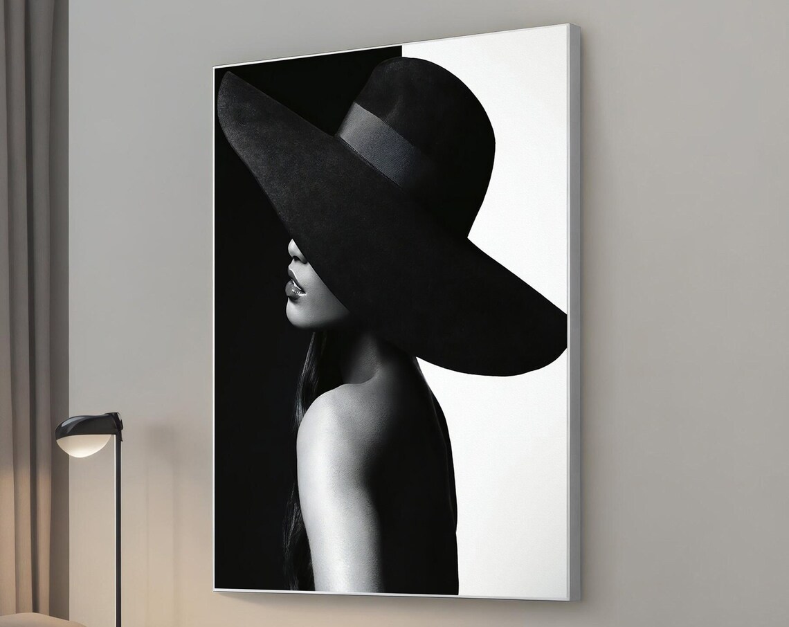 Woman In Oversized Black Hat High Fashion Monochrome Art Poster
