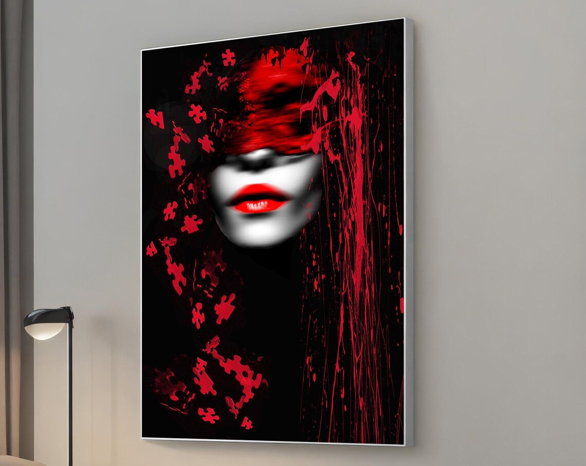 Red and Black Abstract Woman Blindfold Paint Splatter Mystery Poster