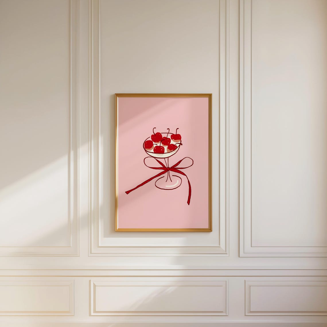 Cherry Cocktail Coupe With Red Bow Pink Bar Cart Trendy Wall Poster - Image 2