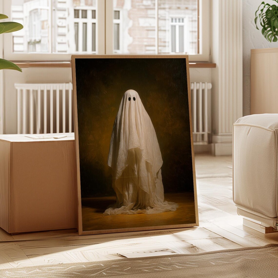 Classic Sheet Ghost Portrait On Dark Background Spooky Art Poster