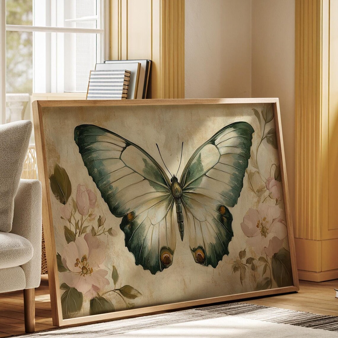 Butterfly Floral Art Print, Green and Pink Decor