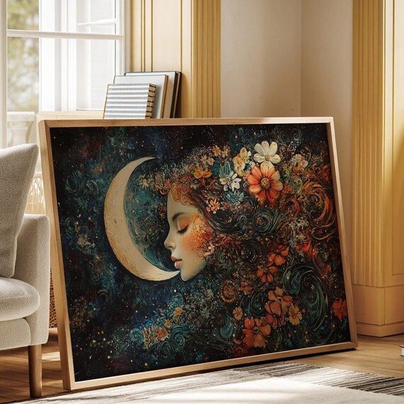 Floral Moon Goddess Art Print, Mystical Portrait
