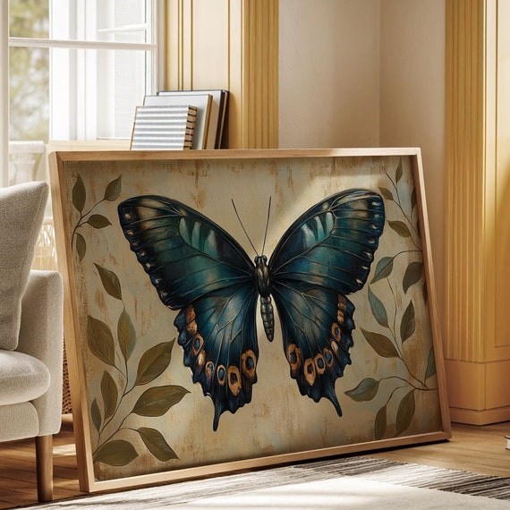 Stunning Blue Butterfly Wall Art With Rustic Botanical Design Perfect Hangable Wall Art For Nature Inspired Decor