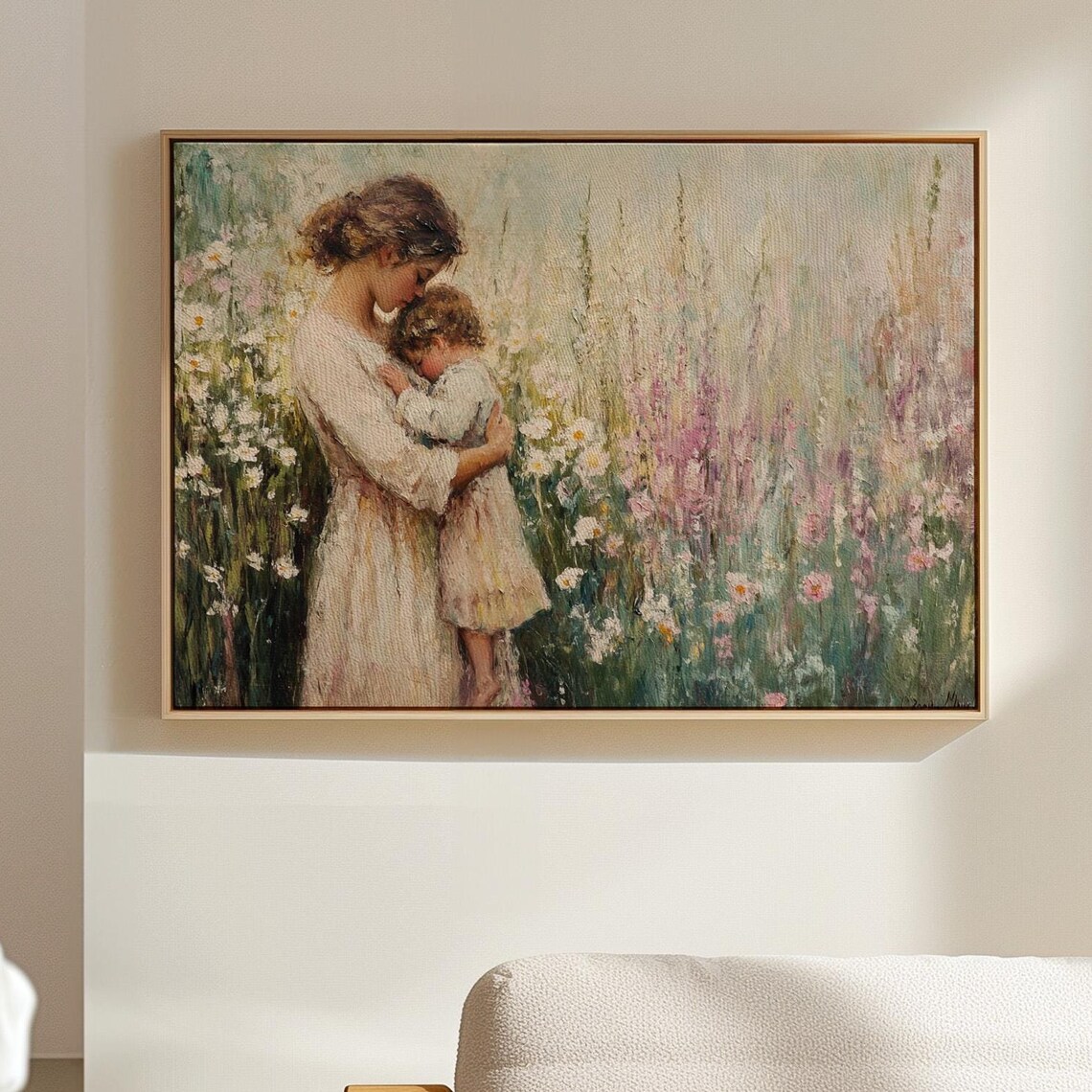Mother And Child Embracing In Blooming Wildflower Field Wall Art