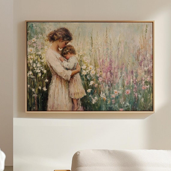 Mother And Child In Wildflower Field Art Emotional Impressionist Wall Decor Pastoral Painting Of Motherhood And Nature