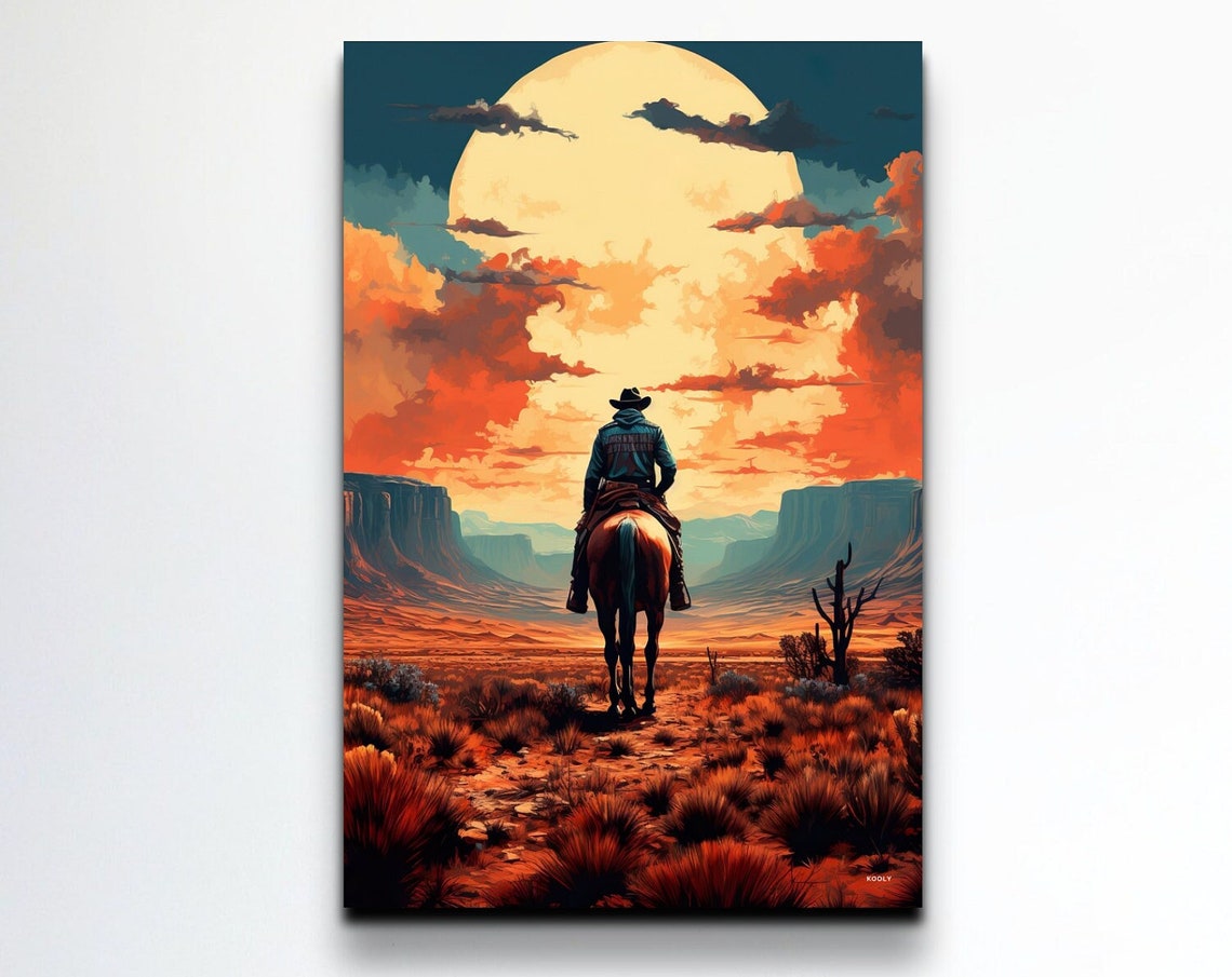 Cowboy Riding Toward Giant Moon Through Desert Canyon Art Poster