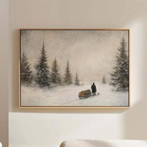Minimalist Winter Forest Log Sled Journey in Falling Snow Art Poster