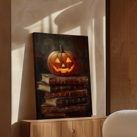 Glowing Jack O Lantern Resting on a Stack of Vintage Books Poster