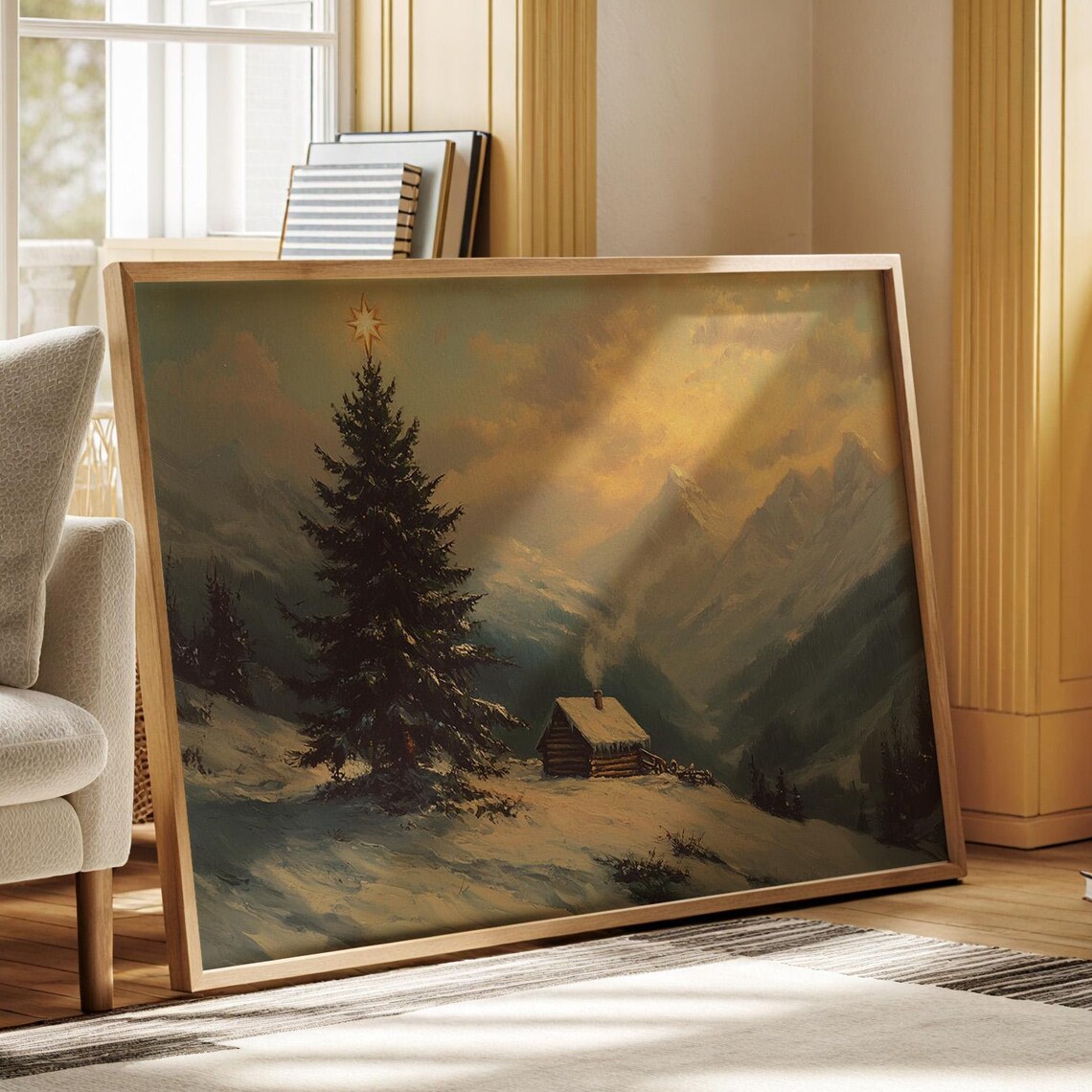 Rustic Christmas Cabin, Snowy Mountain Sunset