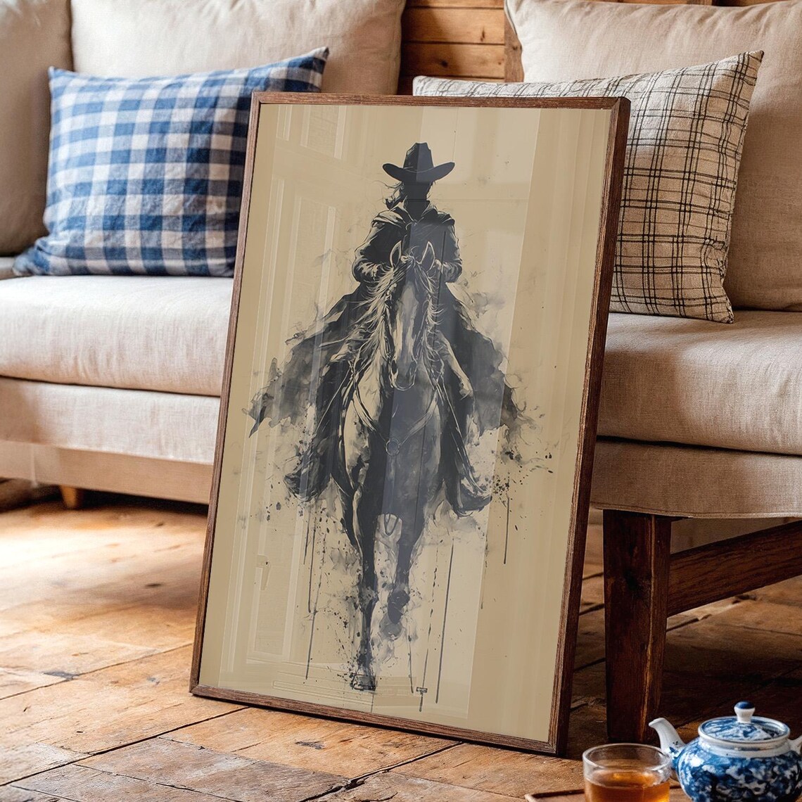Dark Rider Cowboy On Horse Moody Ink Splash Western Silhouette Poster