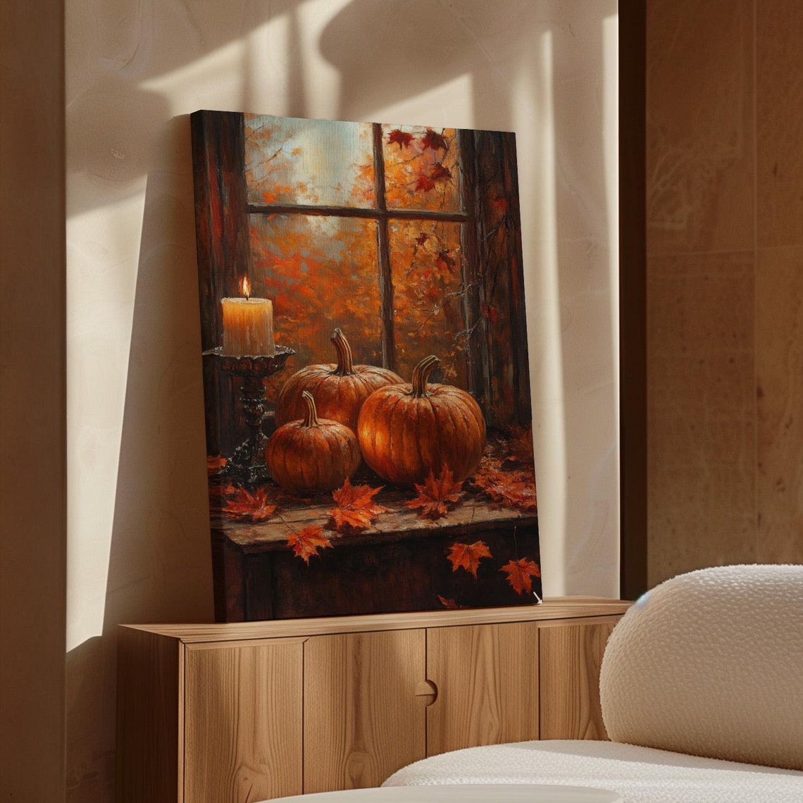 Autumn Harvest Pumpkins With Candlelight Cozy Window Scene Poster