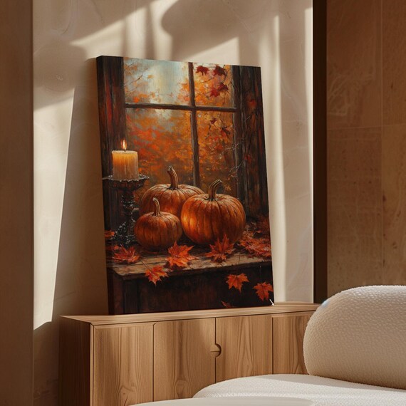 Autumn Harvest Pumpkins With Candlelight Cozy Window Scene Poster