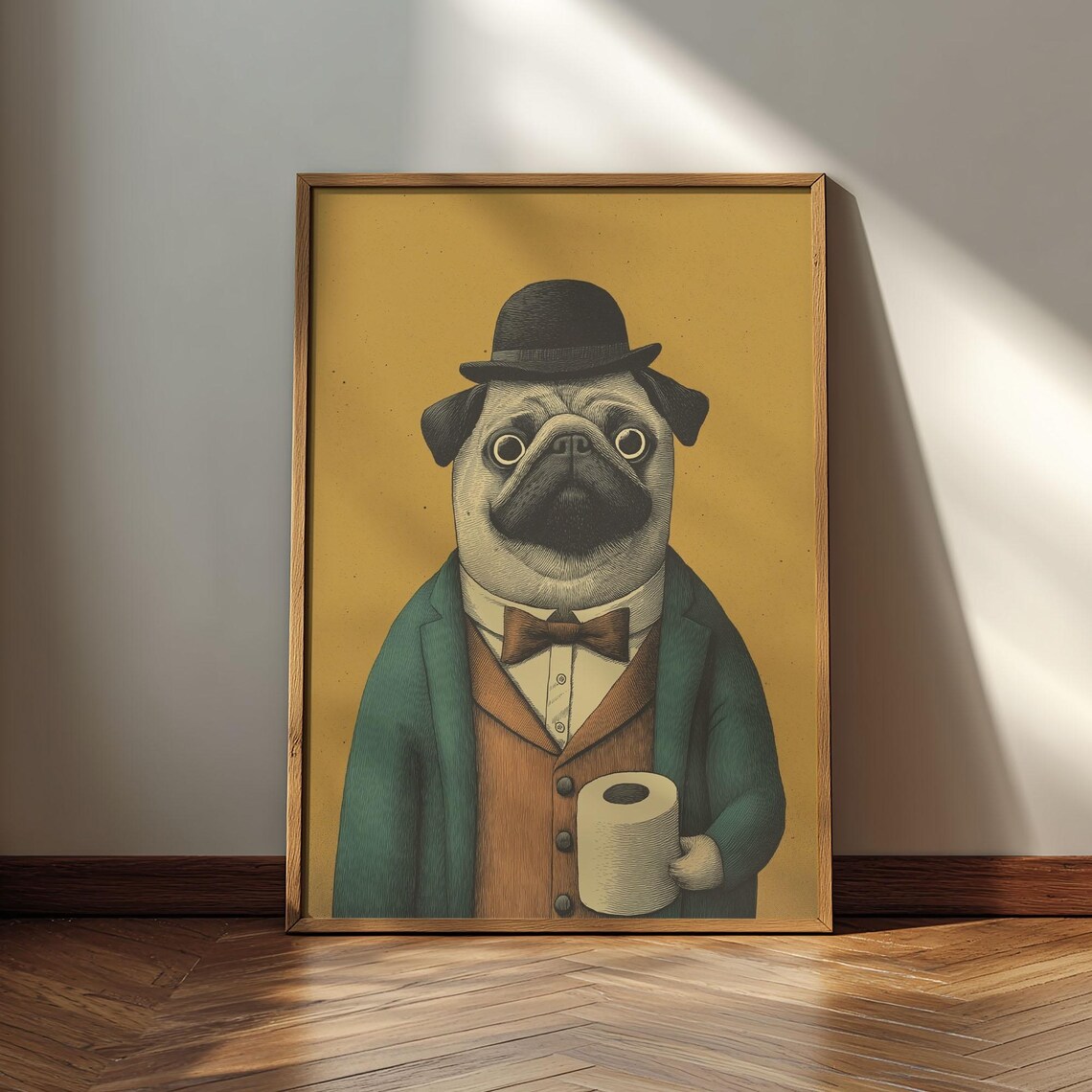 Pug With Toilet Paper Roll, Whimsical Animal Poster