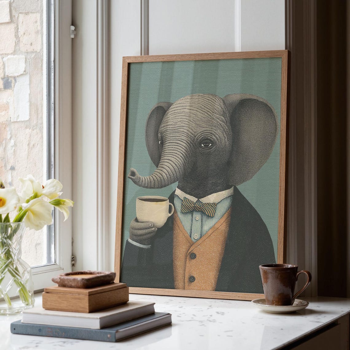 Elephant Drinking Coffee Poster Vintage Animal Illustration Print