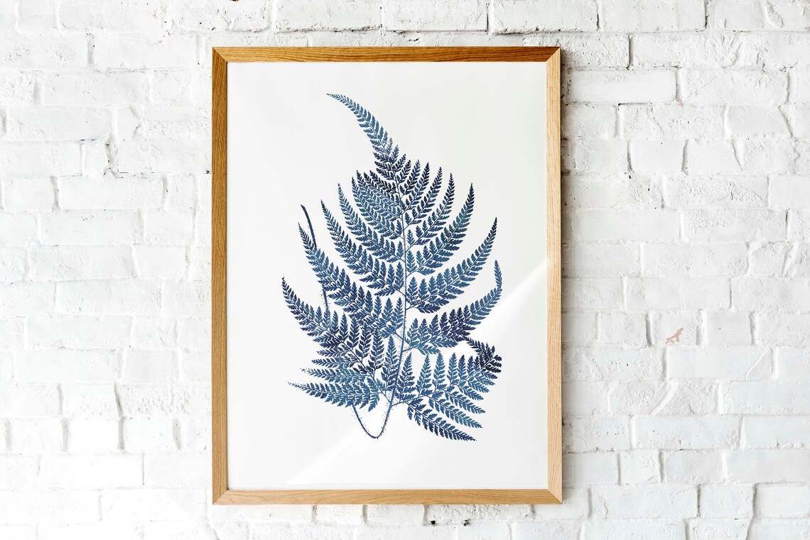 Indigo Blue Fern Botanical Watercolor Leaf Minimalist Art Poster