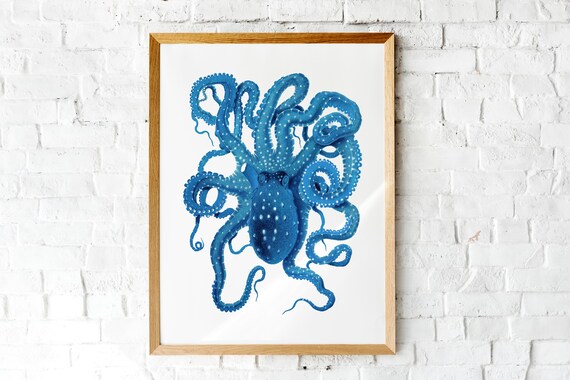Blue Kraken Octopus Print Octopus Tentacles Art Blue Nautical Decor Coastal Wall Art