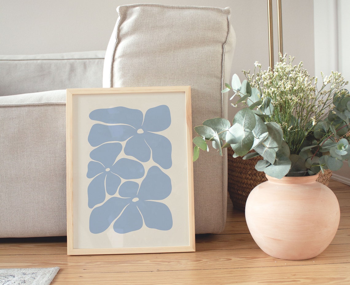 Bold Blue Matisse Style Abstract Flower Shapes Cream Wall Poster - Image 2
