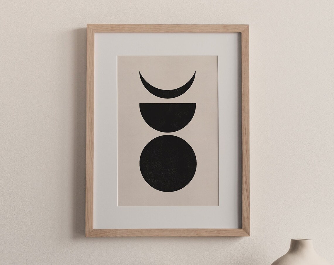Black Moon Phases Geometric Woodblock Style Minimalist Wall Poster