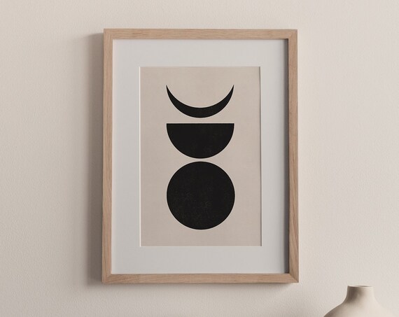 Black Moon Phases Geometric Woodblock Style Minimalist Wall Poster