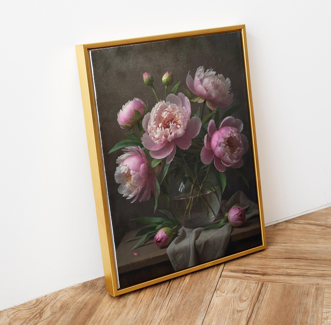 Pink Peonies Glass Vase Oil Painting Dark Background Floral Poster - Image 5