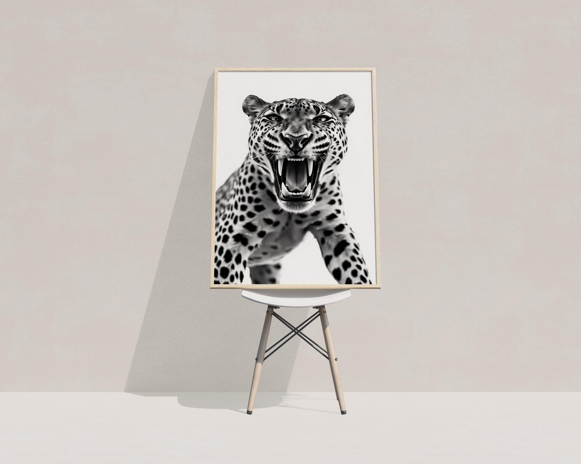 Leopard Roaring Black and White Wild Cat Animal Photography Wall Art - Image 4