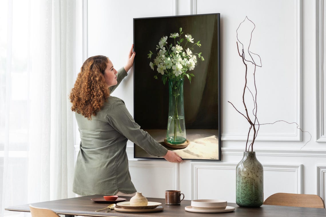 White Wildflowers In Glass Vase Dark Green Moody Still Life Art Poster - Image 4