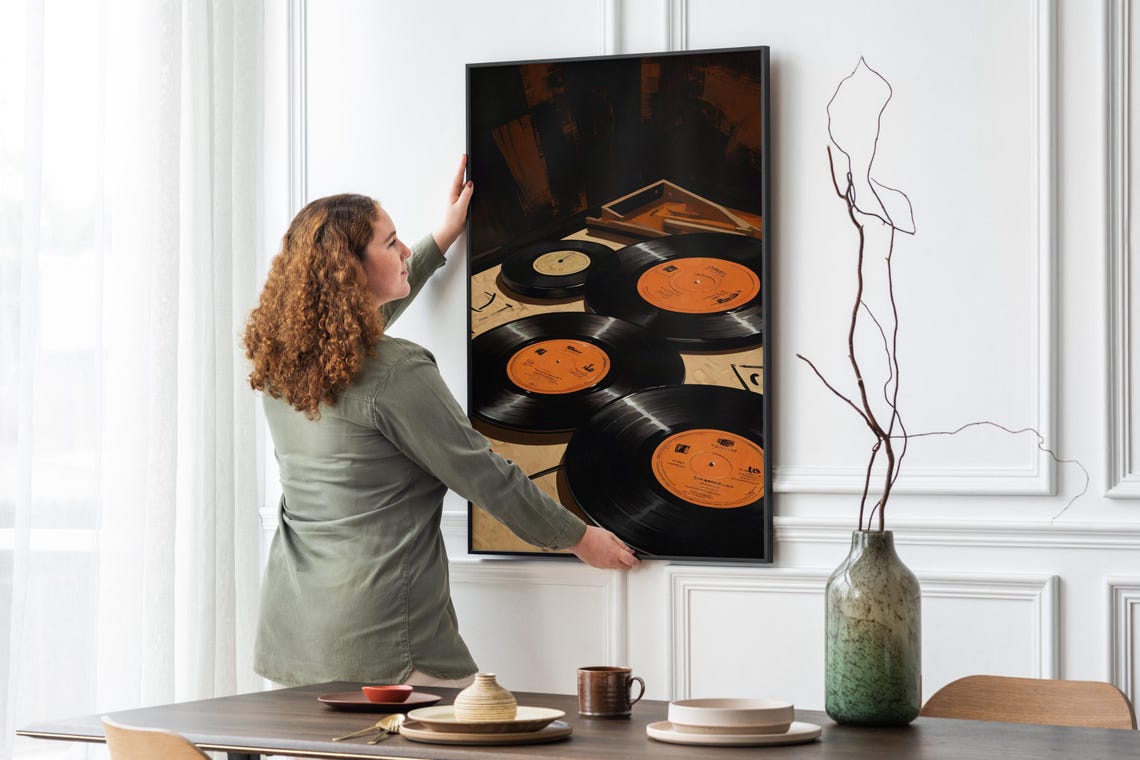 Scattered Vinyl Records with Orange Labels Retro Music Wall Art Print - Image 5