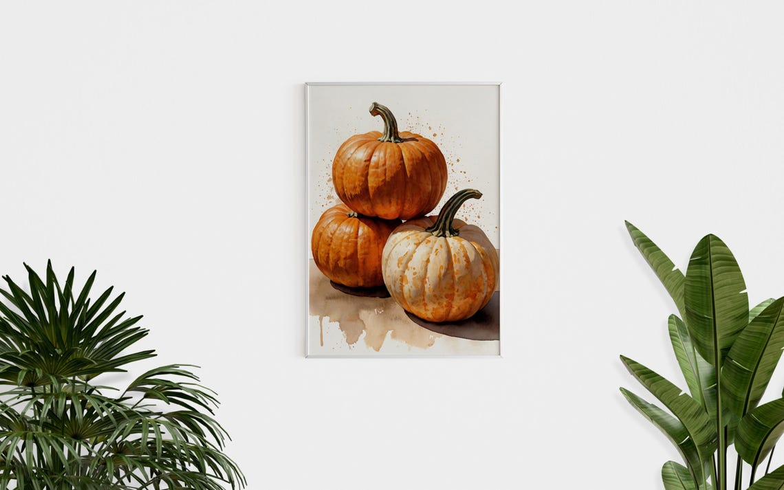 Three Pumpkins Watercolor Still Life Fall Autumn Harvest Wall Art - Image 3