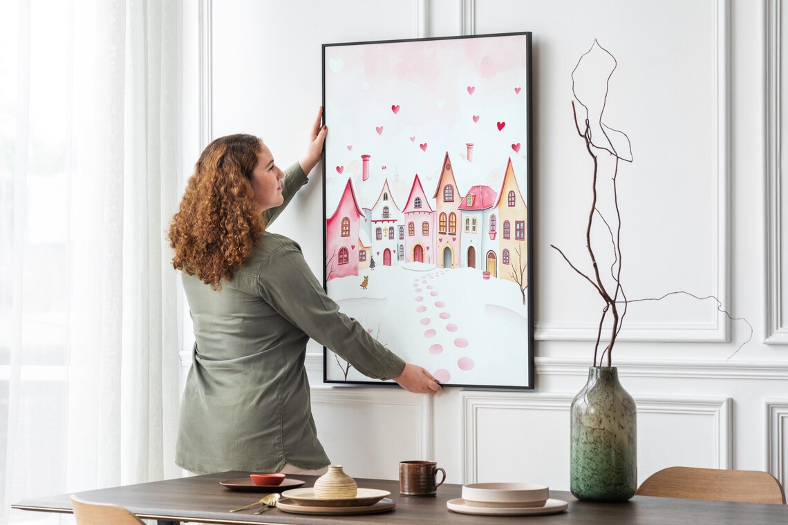 Pink Valentine Village Snowy Street Falling Hearts Watercolor Poster - Image 4