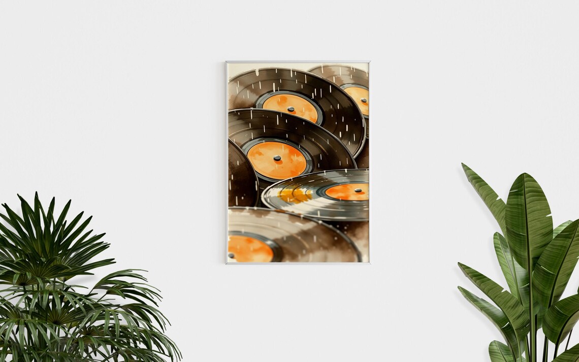Stacked Vinyl Records Orange Labels Rainy Day Watercolor Music Poster - Image 3