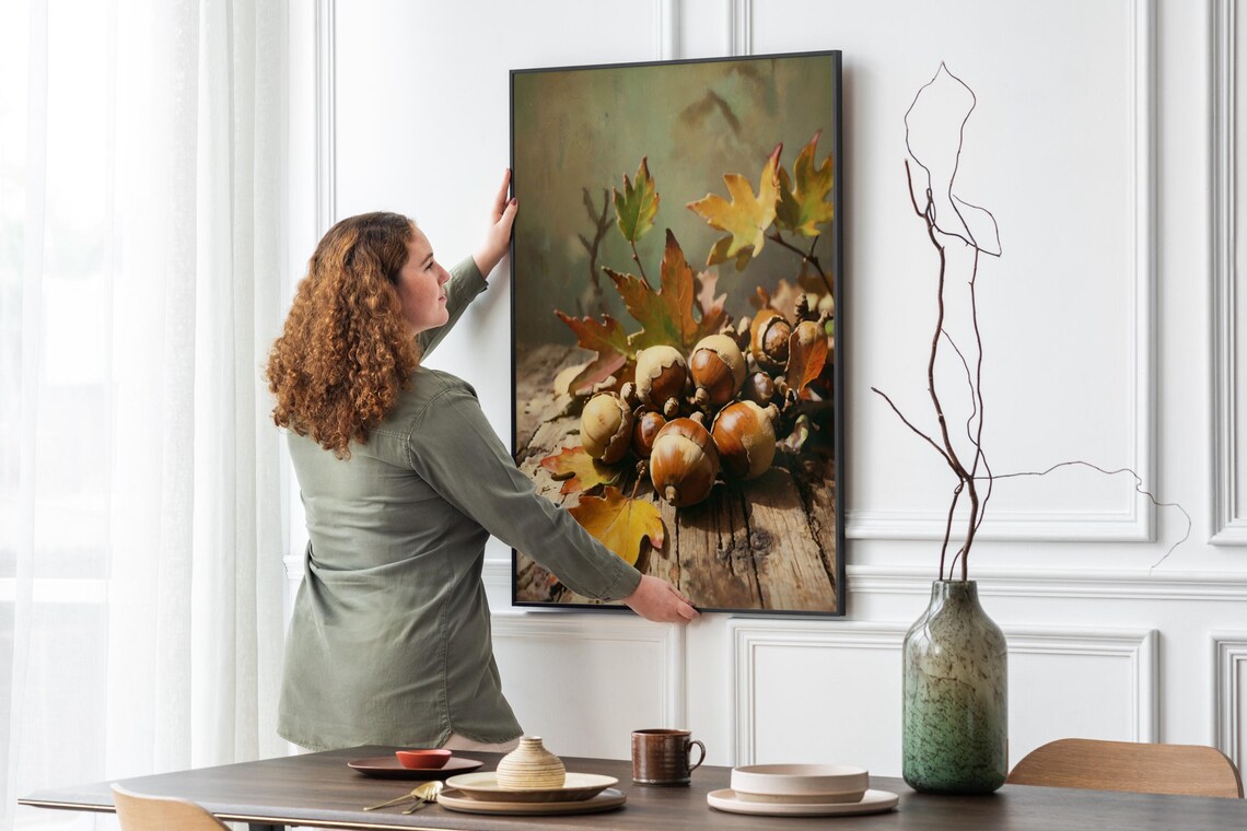 Acorns Autumn Leaves Still Life Vintage Oil Painting Rustic Fall Wall Art - Image 5