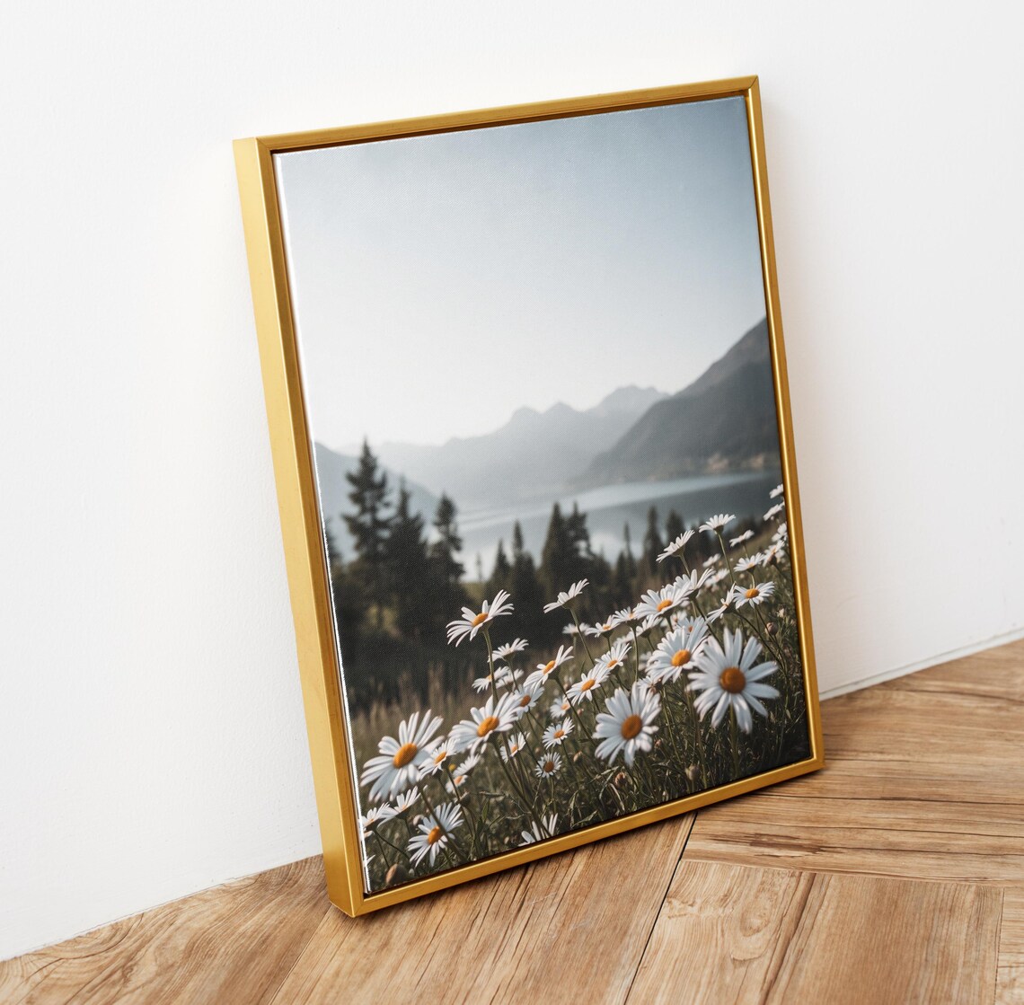 White Daisy Wildflowers Meadow Mountain Lake View Photography Poster - Image 5