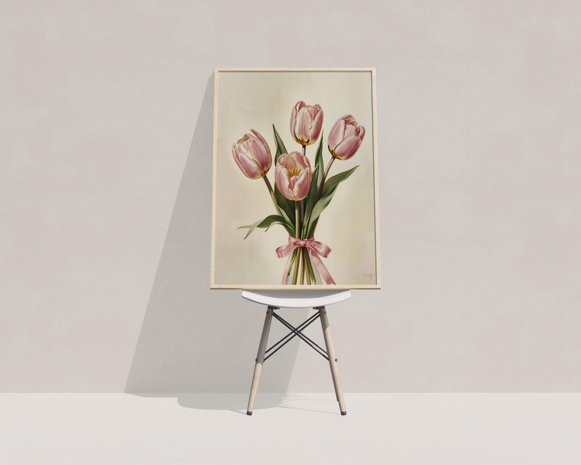 Pink Tulips Bouquet Tied with Pink Bow Botanical Girly Wall Art Print - Image 3