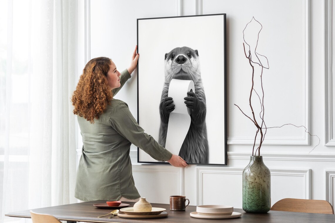 Otter Holding Toilet Paper Roll Black White Funny Bathroom Photo Poster - Image 4