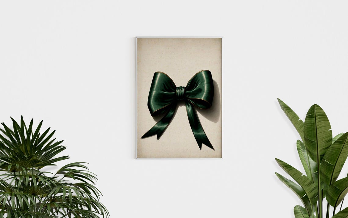 Emerald Green Satin Bow Painting Chic Preppy Girly Room Wall Art - Image 3