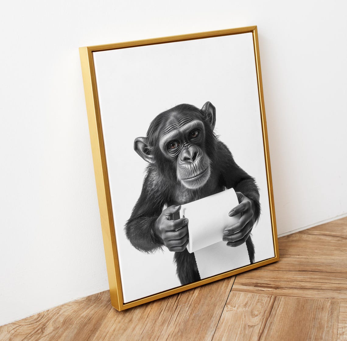 Chimpanzee Holding Toilet Paper Black And White Funny Bathroom Poster - Image 5