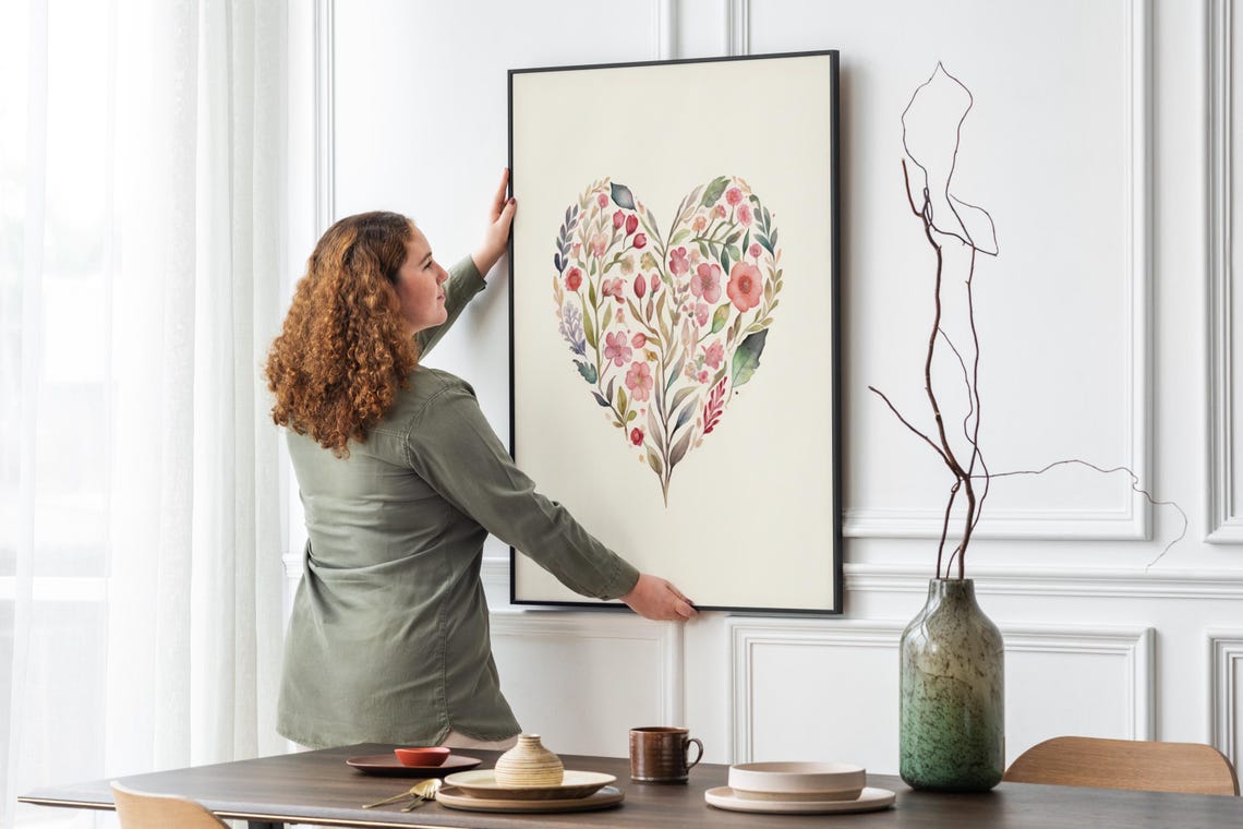 Wildflower Heart Shape Pink Blooms Watercolor Valentine Floral Poster - Image 4