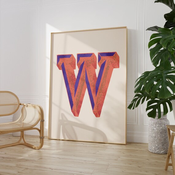 Letter W Coral Purple Woodblock Alphabet Typography Creative Studio Poster