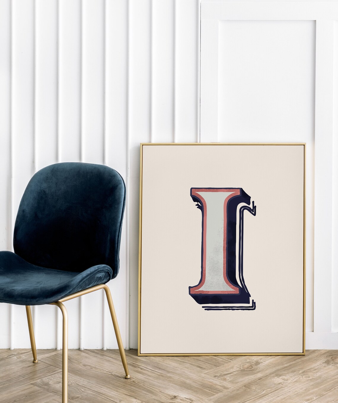 Letter I Navy Coral Deco Alphabet Typography Eclectic Bedroom Decor Poster - Image 3