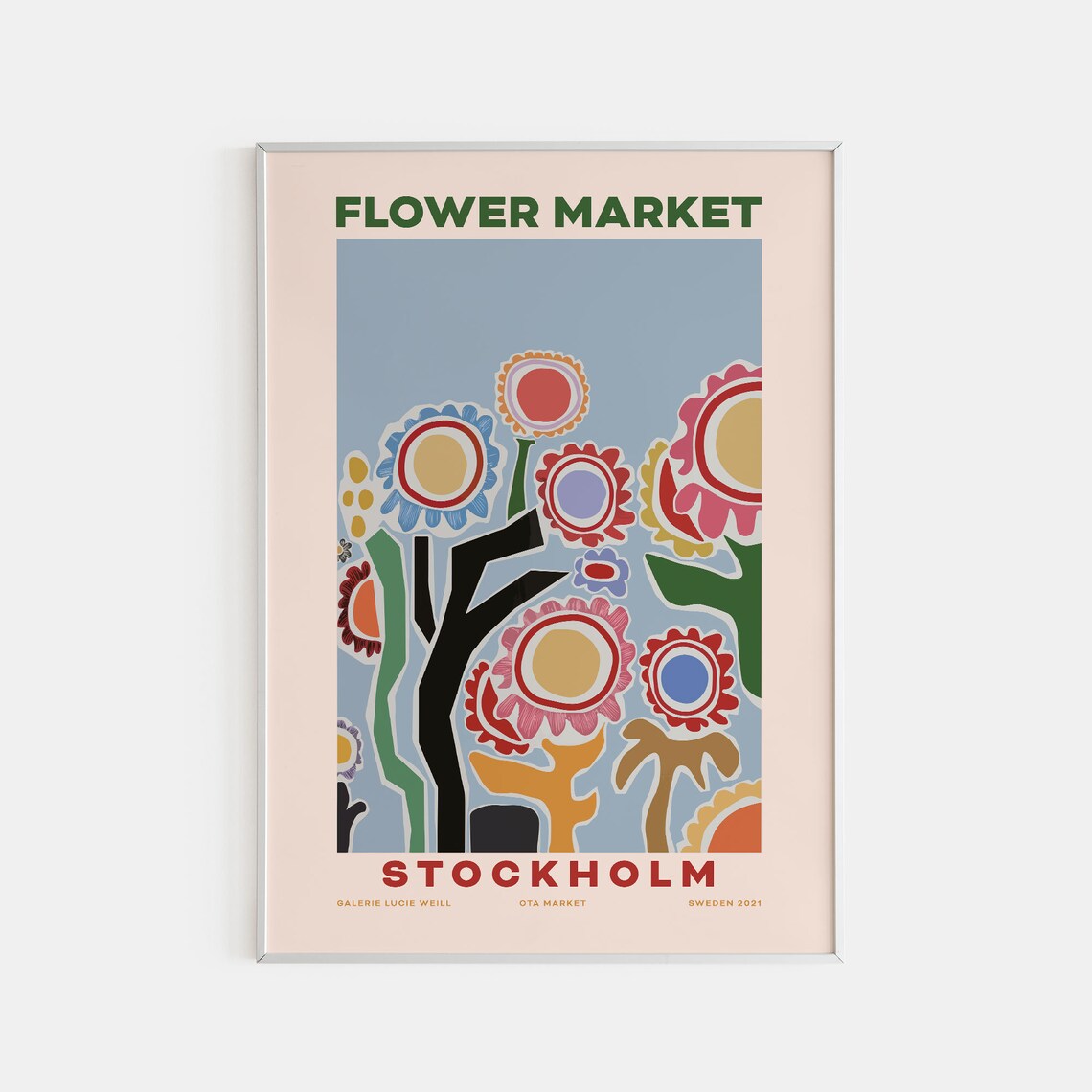 Stockholm Flower Market Poster Folk Style Colorful Blooms On Blue Art