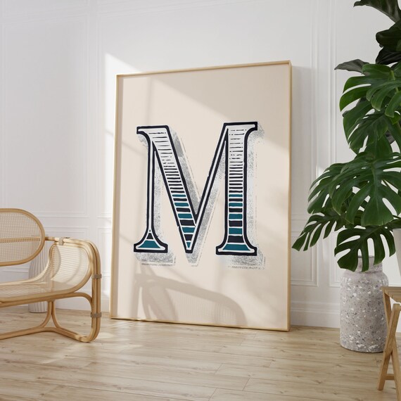 Letter M Navy Teal Striped Deco Alphabet Typography Eclectic Wall Decor Poster