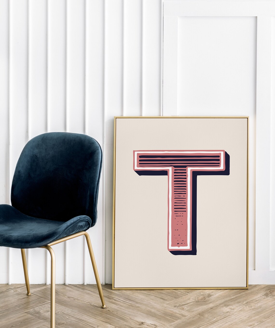 Letter T Dusty Rose Navy Varsity Alphabet Typography Nursery Room Poster - Image 3